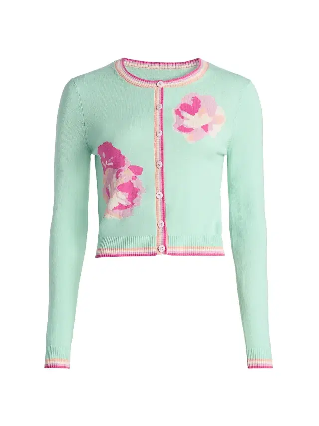 Women's Floral & Striped Wool Cardigan - Mint Multi