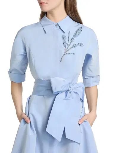 Teri Jon by Rickie Freeman Women's Taffeta Beaded Midi-Shirtdress - Periwinkle - Size 18 | Thumbnail 6