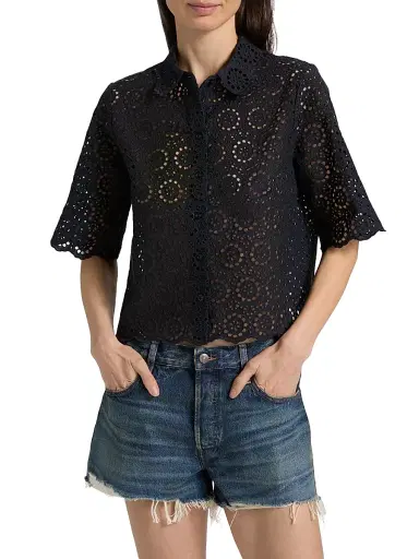 Frame Women's The Petal Eyelet Cotton Shirt - Navy - Size XS | Thumbnail 3