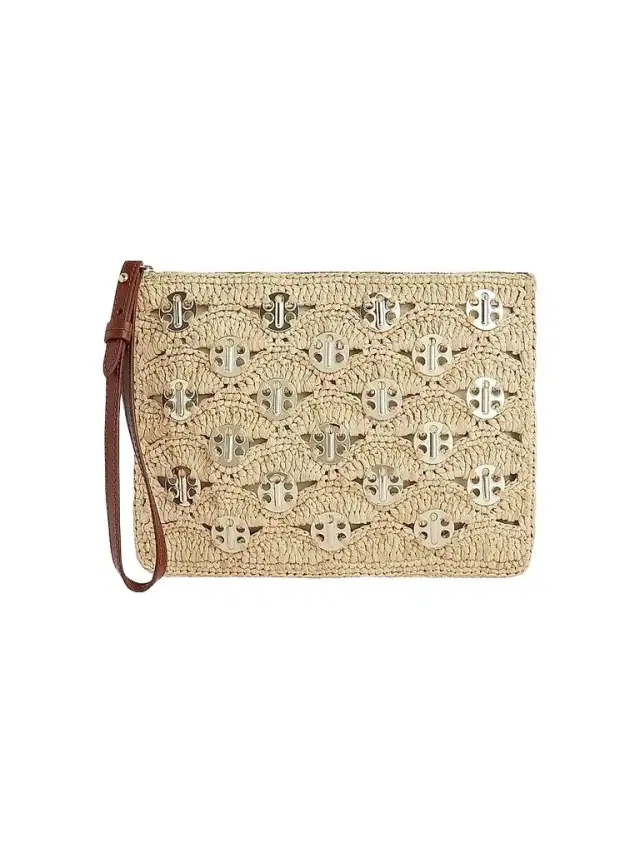 Women's Embellished Raffia Wristlet Pouch - Gold