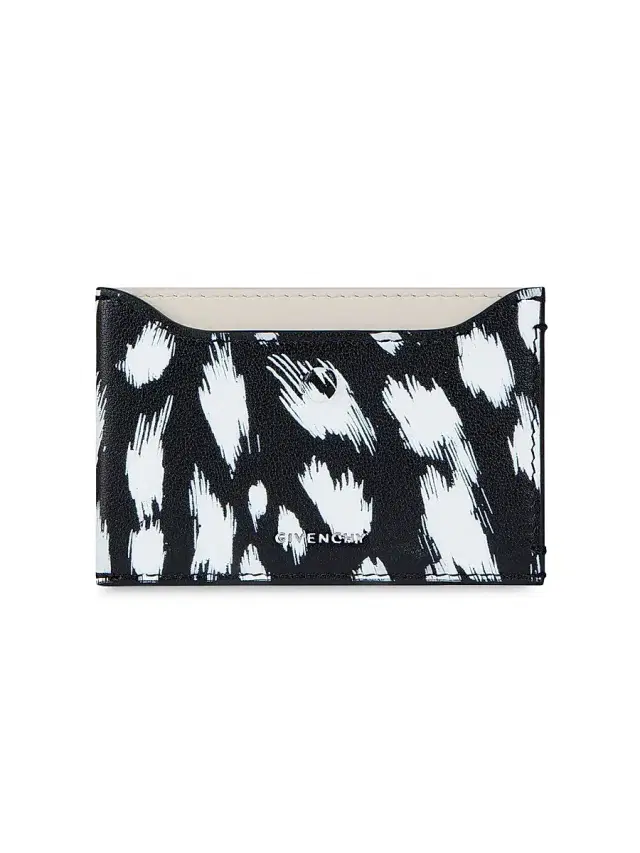 Women's Day Card Holder in Leather with Snow Leopard Print - Black