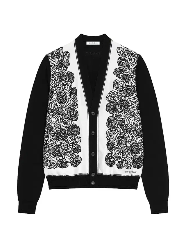 Men's Cardigan in Cotton Knit with Flowers Print - Black