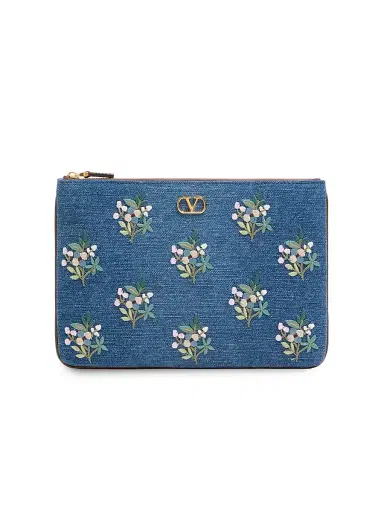 Valentino Garavani Women's VLogo Signature Clutch Bag in Denim with Floral Embroidery - Denim | Thumbnail 1 Valentino Garavani Women's VLogo Signature Clutch Bag in Denim with Floral Embroidery - Denim | Thumbnail 1