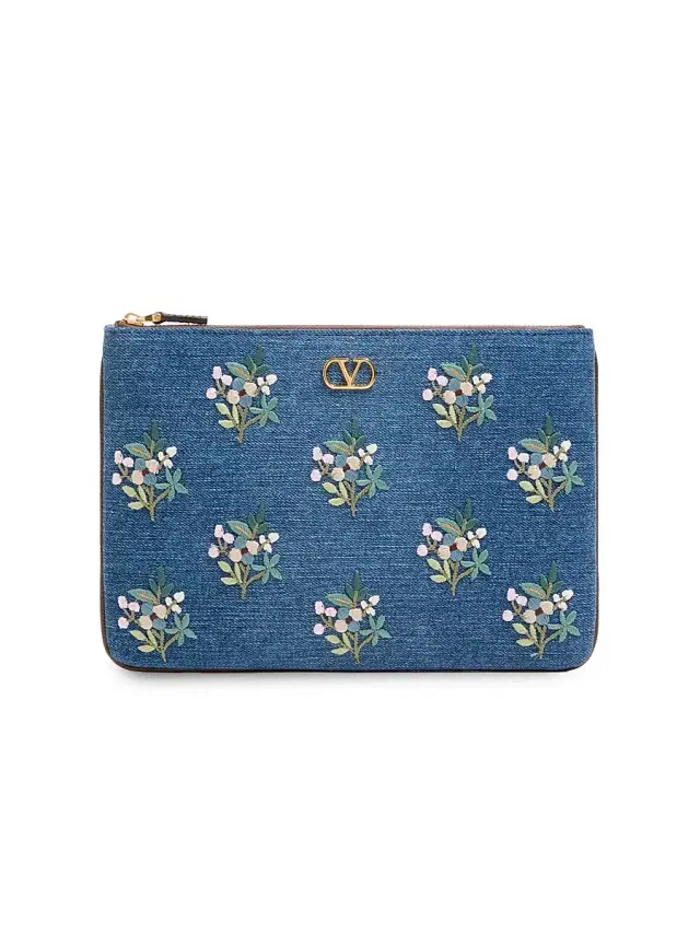 Valentino Garavani Women's VLogo Signature Clutch Bag in Denim with Floral Embroidery - Denim