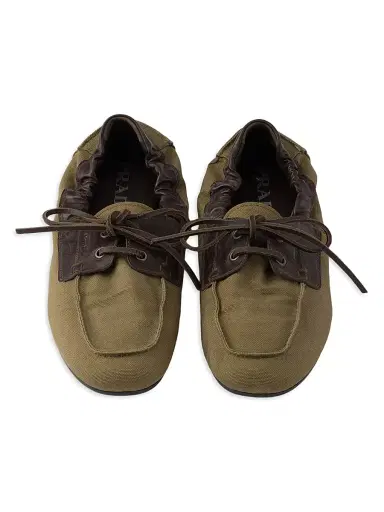 Prada Men's Shuffle Aged Canvas and Leather Boat Shoes - Green | Thumbnail 2 Prada Men's Shuffle Aged Canvas and Leather Boat Shoes - Green | Thumbnail 2
