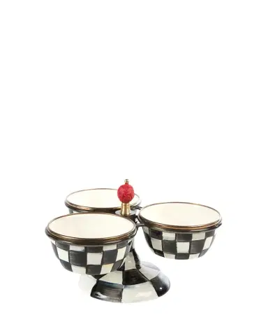 MacKenzie-Childs Courtly Check Enamel Triple Bowl Server | Thumbnail 1 MacKenzie-Childs Courtly Check Enamel Triple Bowl Server | Thumbnail 1