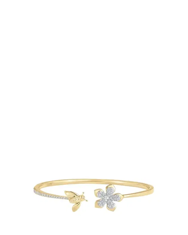 Sara Weinstock 18K Two-Tone Gold Queen Bee Diamond Partial Flower And Bee Open Bangle Cuff