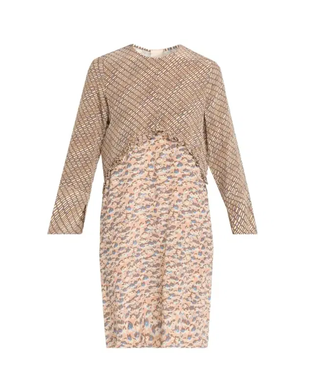 Mixed-Print Silk Long-Sleeve Empire Shift Dress