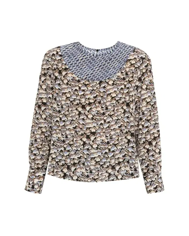 Anemone Floral Silk Crepe De Chine Long-Sleeve Blouse