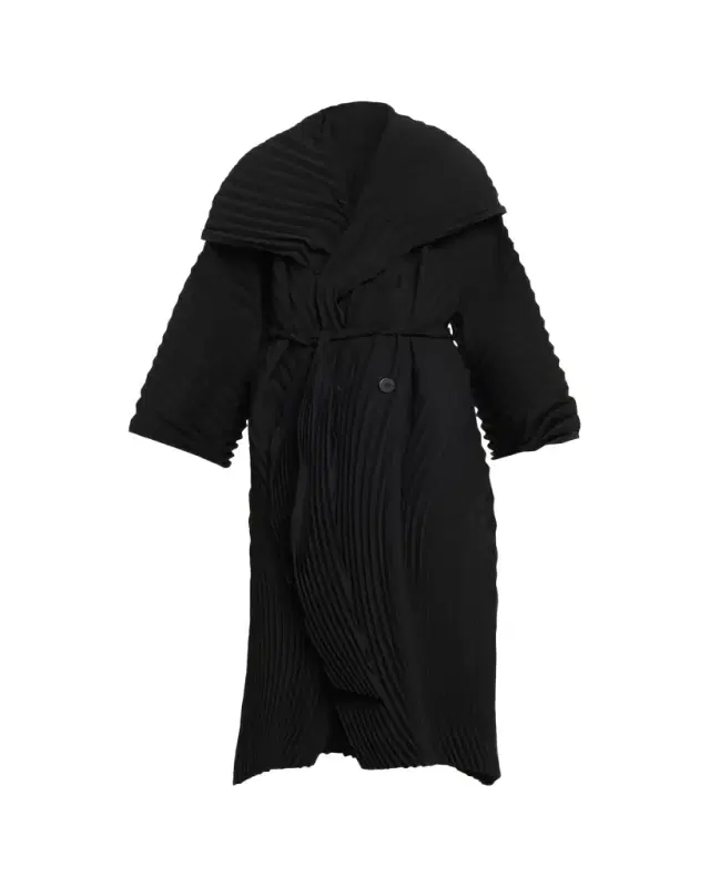 Wave Pleats Belted Long Trench Coat