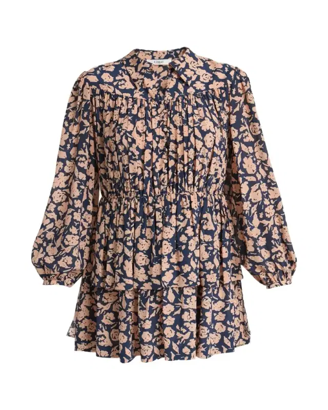 Chloe Floral-Print Silk Crepe De Chine Ruffle Mini Shirtdress