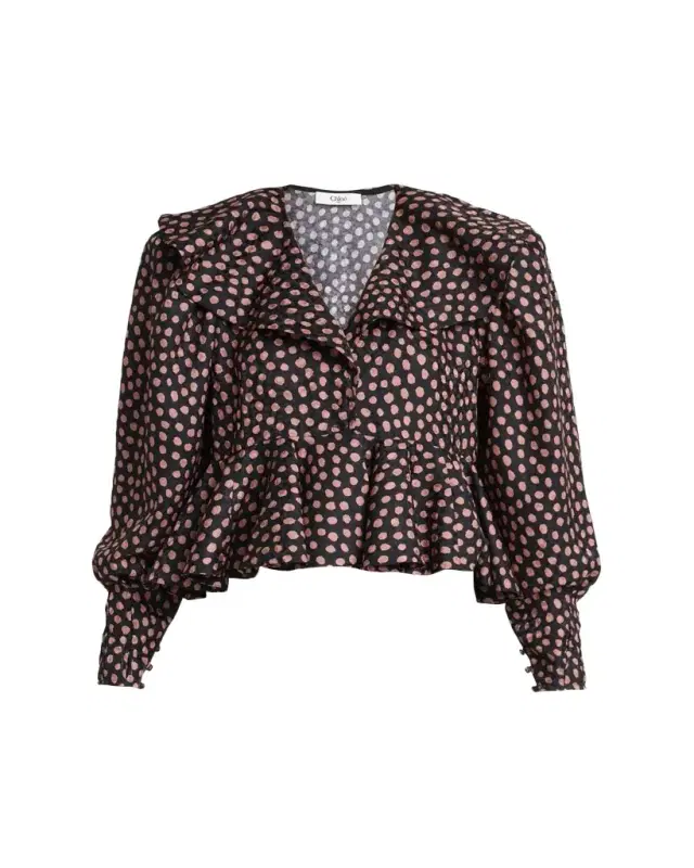 Chloe Dots-Print Silk Jacquard Peplum Blouse