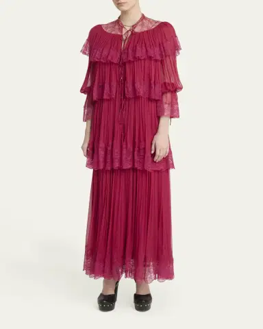 Chloé Tiered Lace Ruffle Silk Mousseline Gown | Thumbnail 4 Chloé Tiered Lace Ruffle Silk Mousseline Gown | Thumbnail 4