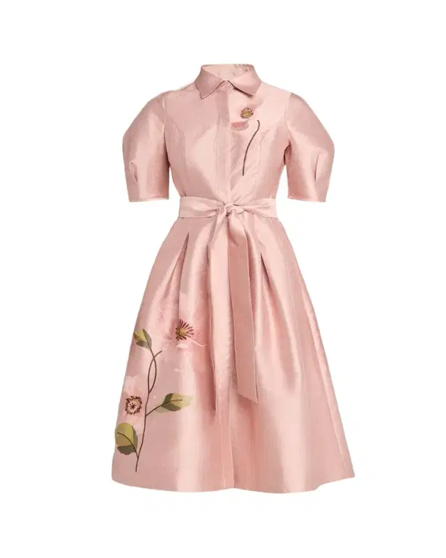 Rickie Freeman for Teri Jon Floral-Embroidered Shimmer Jacquard Midi Shirtdress