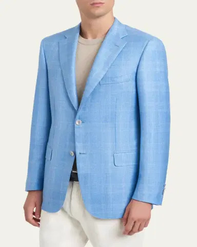 Brioni Men's Cashmere Sky Blue Plaid Jacket | Thumbnail 4 Brioni Men's Cashmere Sky Blue Plaid Jacket | Thumbnail 4
