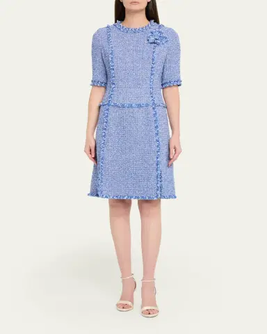 Rickie Freeman for Teri Jon Frayed-Trim Woven Tweed Dress | Thumbnail 2