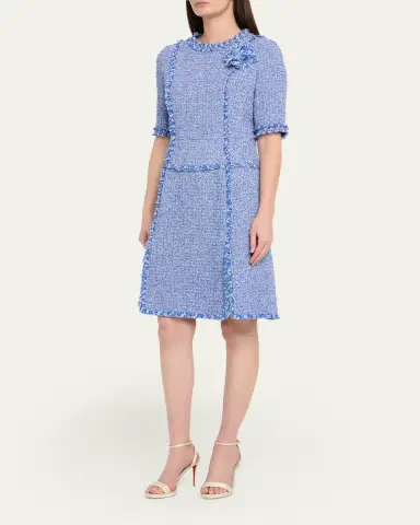 Rickie Freeman for Teri Jon Frayed-Trim Woven Tweed Dress | Thumbnail 4