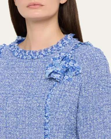 Rickie Freeman for Teri Jon Frayed-Trim Woven Tweed Dress | Thumbnail 5