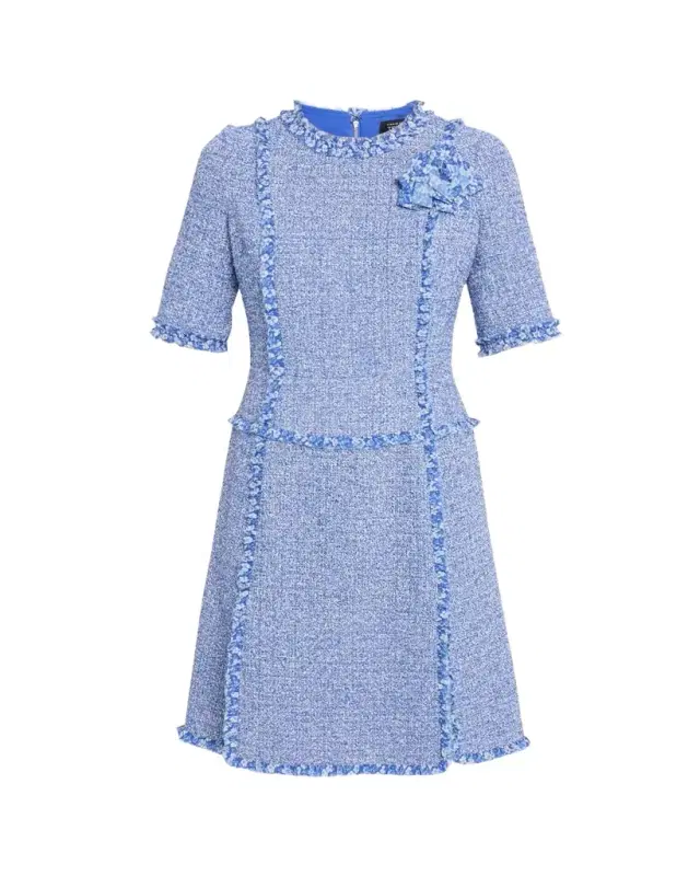 Rickie Freeman for Teri Jon Frayed-Trim Woven Tweed Dress