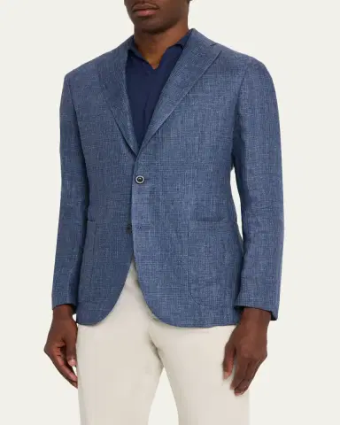 Boglioli Men's Plaid Linen Denim Single-Breasted Blazer | Thumbnail 4 Boglioli Men's Plaid Linen Denim Single-Breasted Blazer | Thumbnail 4