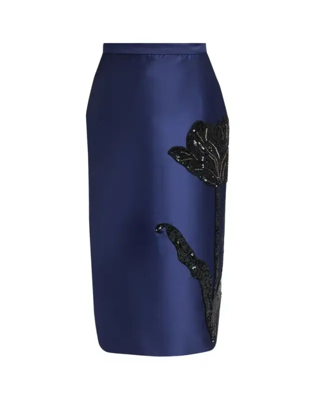 Erdem Embroidered Satin Midi Pencil Skirt