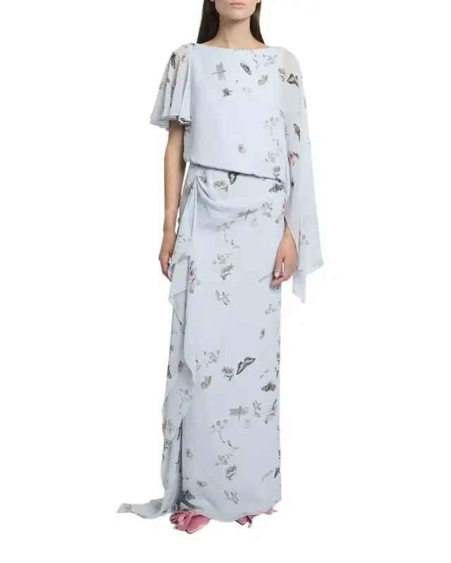 Garden-Print Draped Chiffon Gown