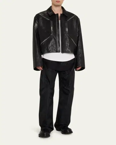 Rick Owens Men's Textured-Leather Biker Jacket | Thumbnail 2
