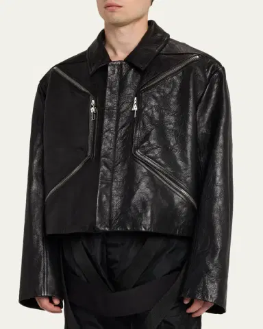 Rick Owens Men's Textured-Leather Biker Jacket | Thumbnail 4