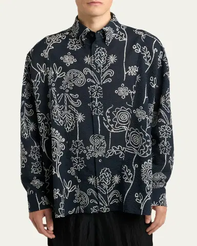 Giorgio Armani Men's Textured Cotton Linework Button-Down Shirt | Thumbnail 4
