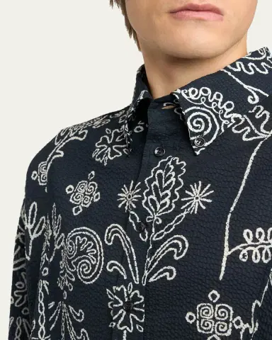 Giorgio Armani Men's Textured Cotton Linework Button-Down Shirt | Thumbnail 5