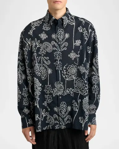 Giorgio Armani Men's Textured Cotton Linework Button-Down Shirt | Thumbnail 8