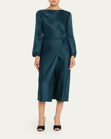 Giorgio Armani High-Neck Long-Sleeve Satin Midi Dress | Thumbnail 2