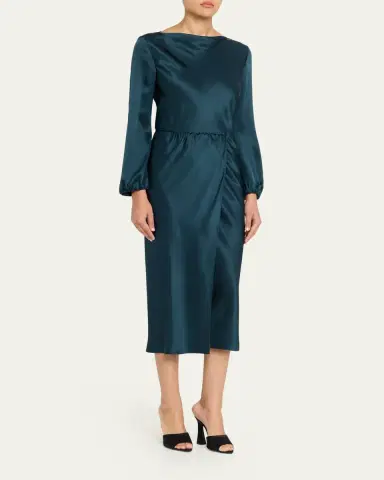 Giorgio Armani High-Neck Long-Sleeve Satin Midi Dress | Thumbnail 4