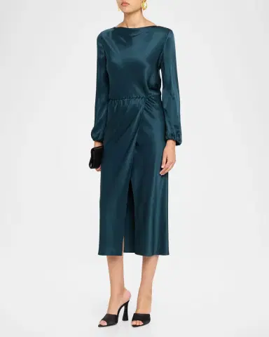 Giorgio Armani High-Neck Long-Sleeve Satin Midi Dress | Thumbnail 8