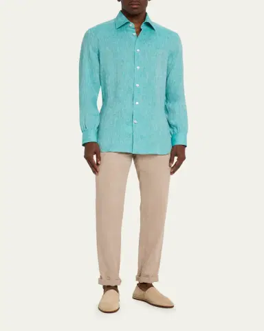 Kiton Men's Solid Linen Button-Down Shirt | Thumbnail 2