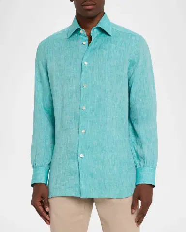 Kiton Men's Solid Linen Button-Down Shirt | Thumbnail 8