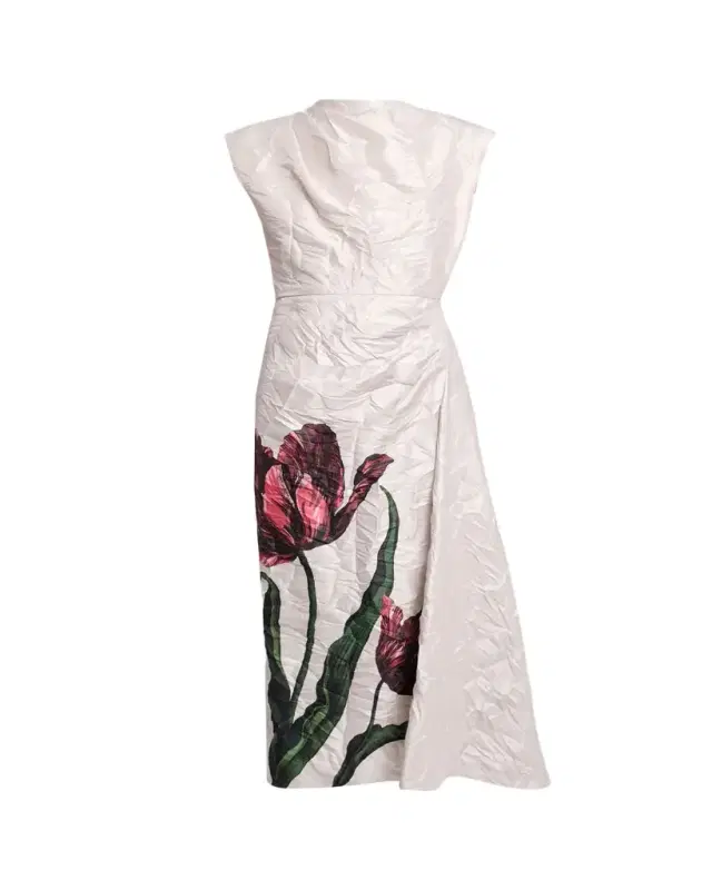 Cap-Sleeve Draped Crinkle Satin Midi Dress