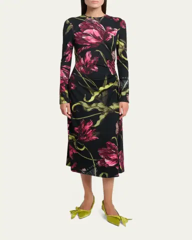 Erdem Floral Long-Sleeve Draped Midi Dress | Thumbnail 2 Erdem Floral Long-Sleeve Draped Midi Dress | Thumbnail 2