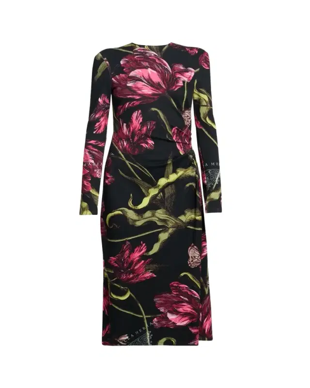 Floral Long-Sleeve Draped Midi Dress