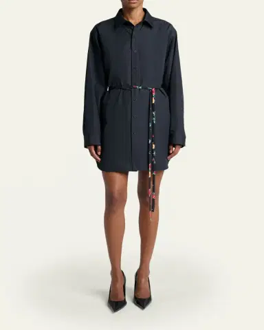 Balenciaga Cotton Poplin Mini Shirtdress with Floral Sash | Thumbnail 2