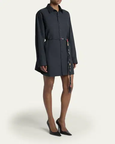 Balenciaga Cotton Poplin Mini Shirtdress with Floral Sash | Thumbnail 4