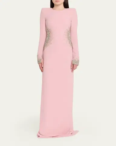 Naeem Khan Crystal Crepe Long-Sleeve Strong-Shoulder Gown | Thumbnail 2