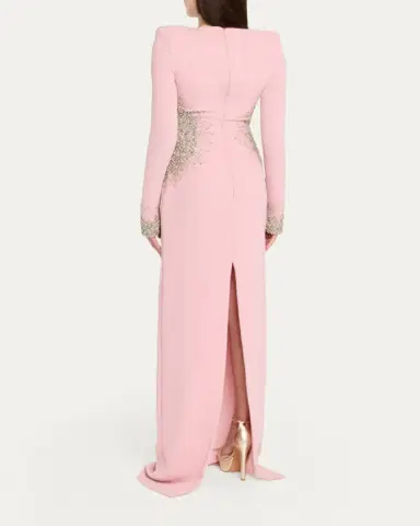 Naeem Khan Crystal Crepe Long-Sleeve Strong-Shoulder Gown | Thumbnail 3