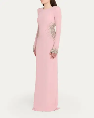 Naeem Khan Crystal Crepe Long-Sleeve Strong-Shoulder Gown | Thumbnail 4