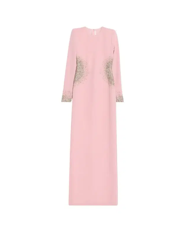 Crystal Crepe Long-Sleeve Strong-Shoulder Gown
