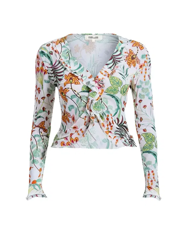 Diane von Furstenberg Fern Cropped Floral-Print Ruffle Top