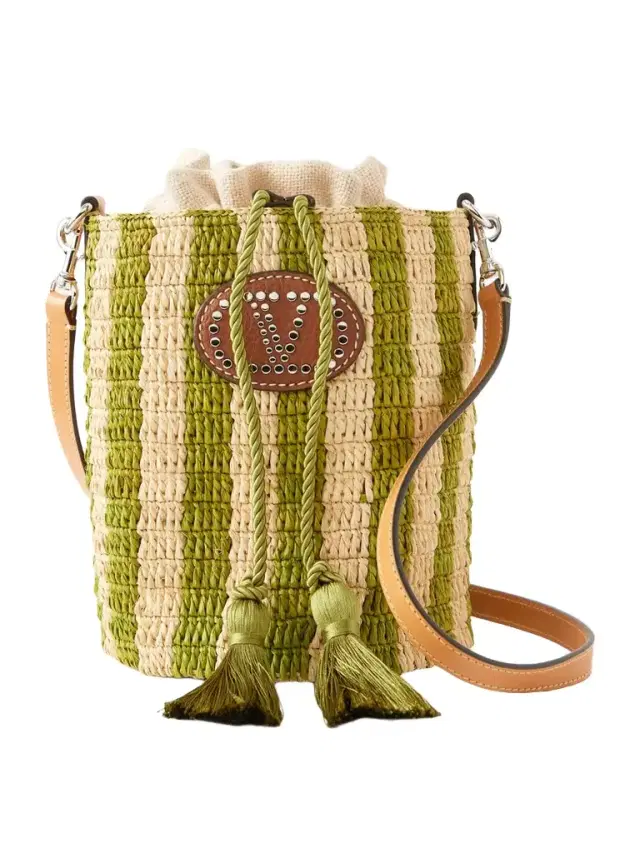 Embellished Striped Leather-trimmed Raffia Bucket Bag