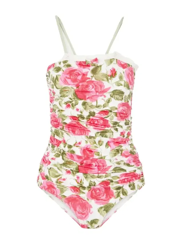 Bow-detailed Ruched Lace-trimmed Floral-print Swimsuit