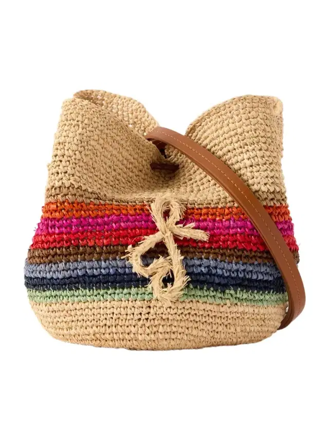 Leather-trimmed Striped Woven Raffia Pouch