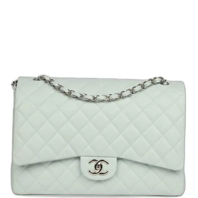Chanel Maxi Classic Double Flap Bag Light Blue Shiny Caviar Silver Hardware